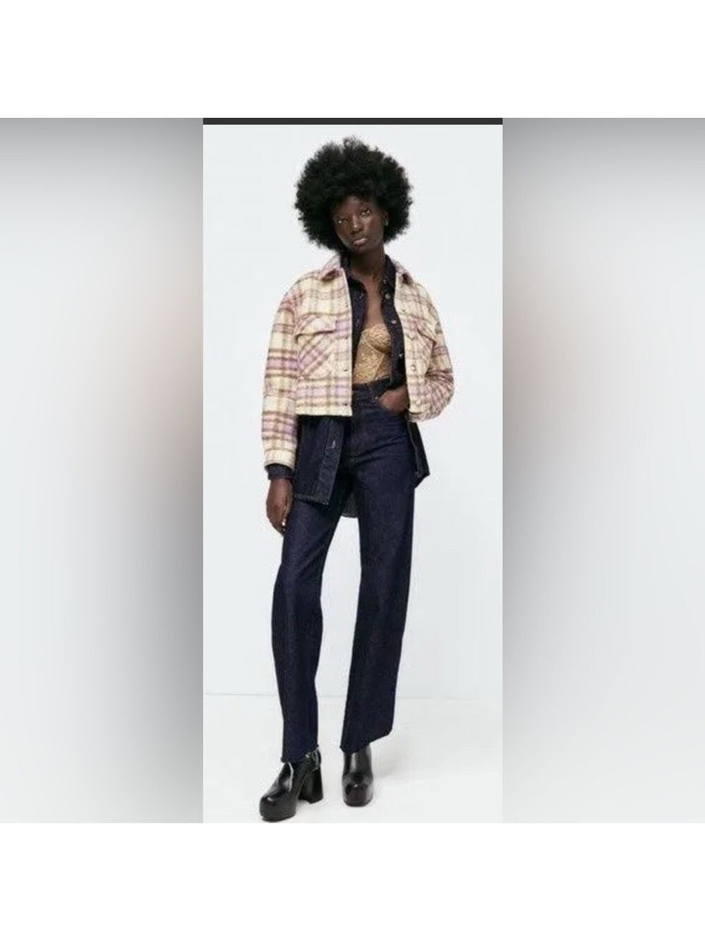 ZARA Cropped Plaid Jacket Shacket Purple Cream Size M NWT